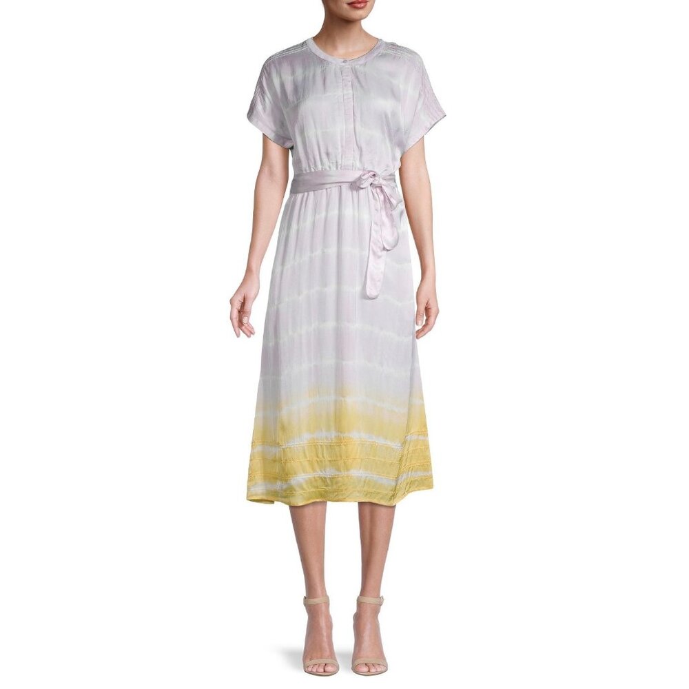 Ecru Purple & Yellow Ombre Midi Dress With Button Front & Adjustable Waist Tie